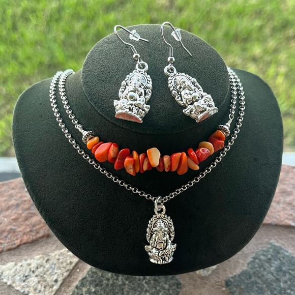 Set ! Red orange coral double layer ganesh necklace + earrings boho yoga zen gem - Picture 1 of 14